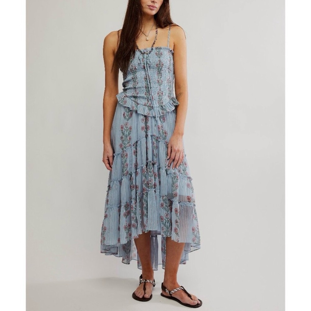 Free People Alejandra Strapless Midi Dress Blue Floral Size Large NWT